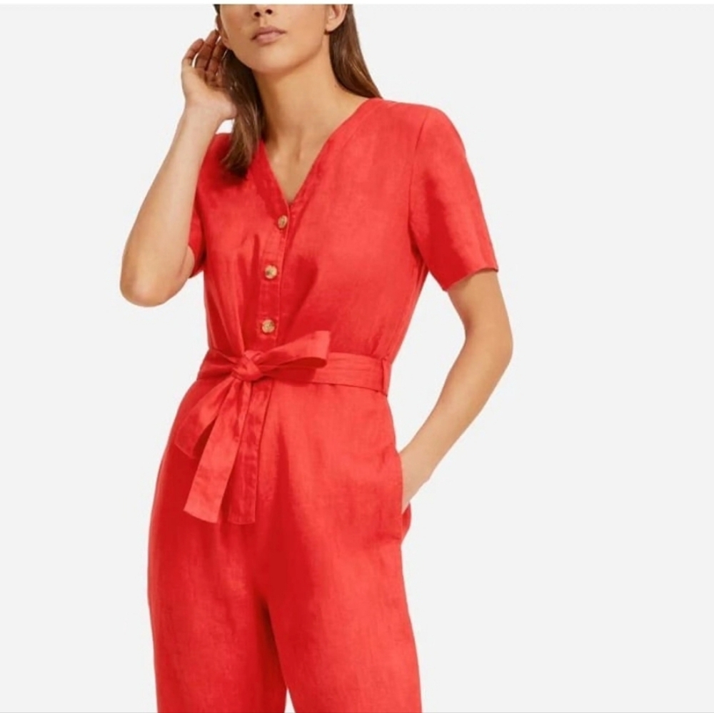 Everlane 100% Linen Short Sleeve Cropped Straight‎ Leg Jumpsuit in Red Size 4